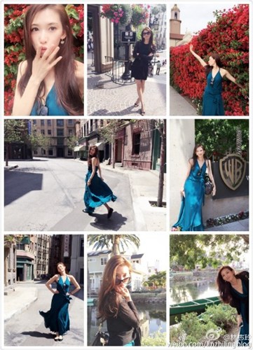 林志玲晒旅行美照 穿长裙站花墙边留影(图)