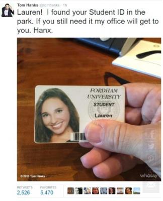 有人丢了学生证吗?汤姆·汉克斯在找你(图)