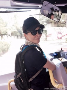 组图：刘嘉玲重阳素颜登高 坐公交车低调出行