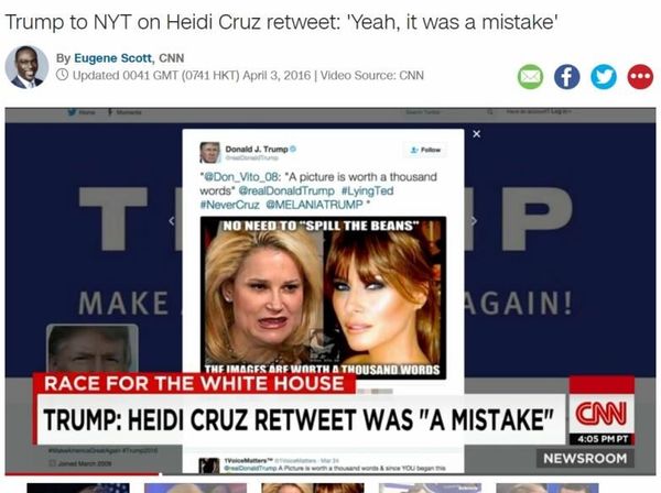 罕见,川普悔过了:转推克鲁兹老婆裸照是个错误