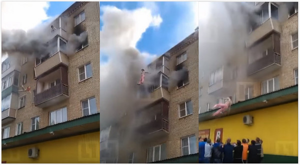 视频:俄一家4口"跳楼"保命 围观民众齐力接人