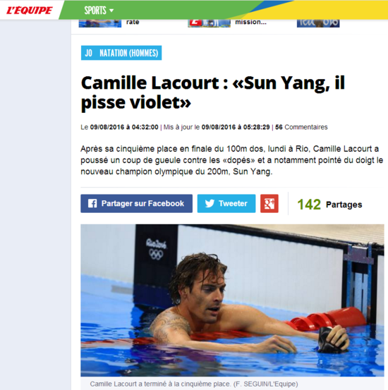 法国泳将炮轰孙杨: 他就是一个骗子 尿是紫色的!