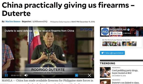 杜特尔特:中国将向菲律宾军队提供武器 (图)