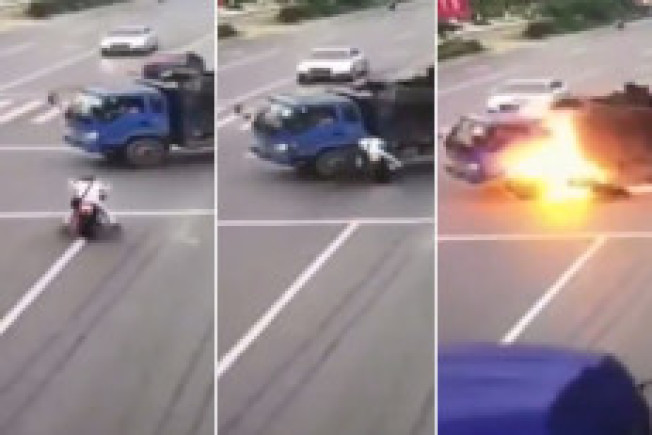 瞬间成"火人"!摩托司机奇迹逃脱死神 视频大热